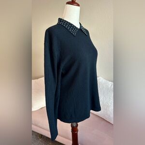 VTG Jones New York Sweater LS Pearl Accent Collar Black Wool Women’s Sz M Retro